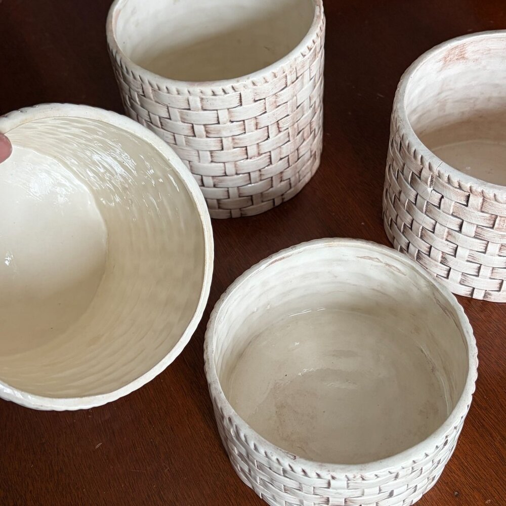 Vintage Set of 4 Faux Basket Weave Ceramic Planters Cachepots Farmhouse Rustic - Picture 9 of 11